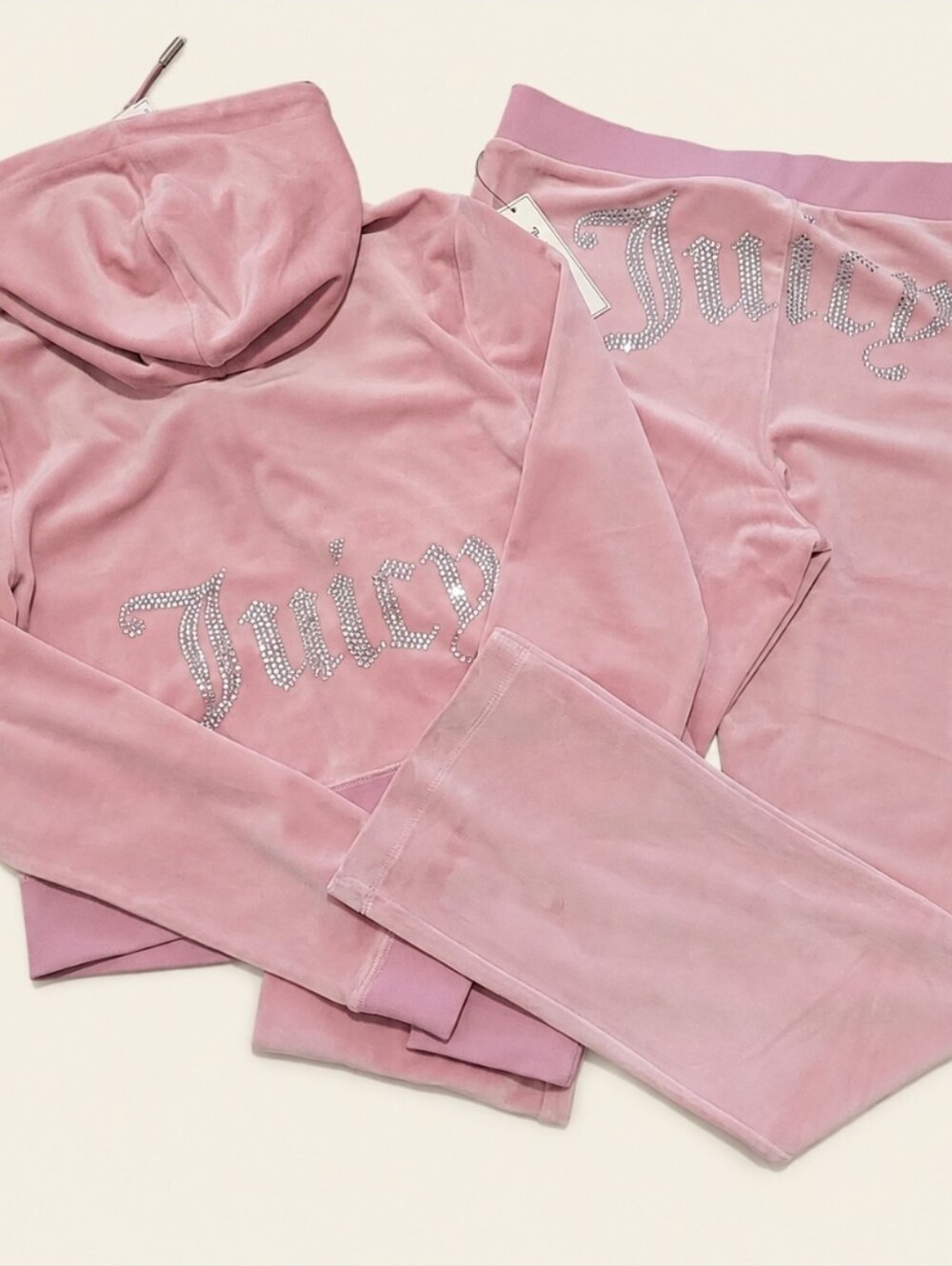 Juicy Couture Rose OG Bling Luxe Velour Zip Up Hoodie & Pants Set - L